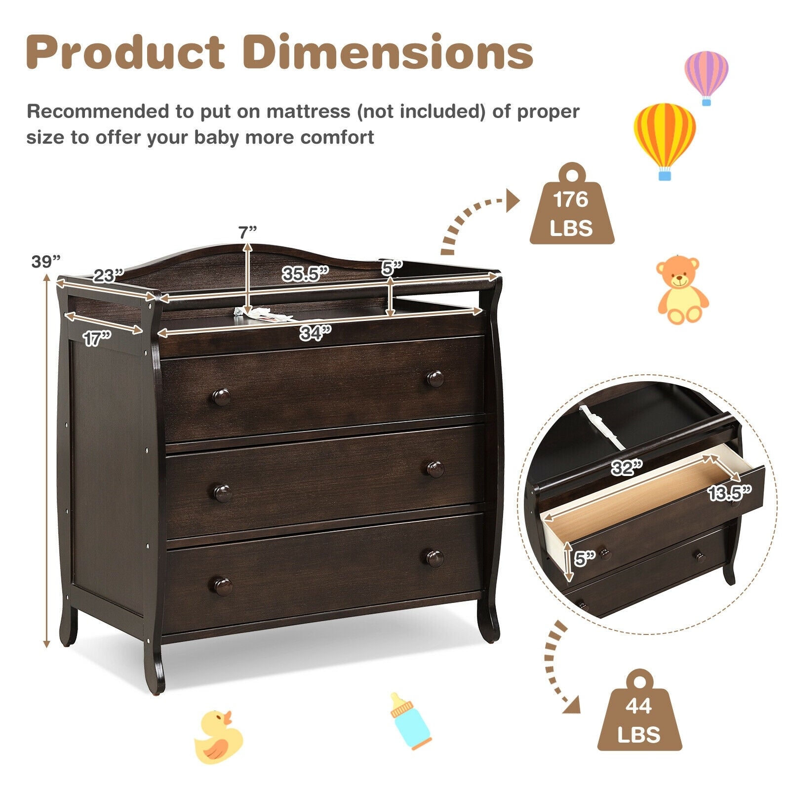 Baby Changing Table Infant Diaper with 3 Drawers and Safety Belt, Brown Changing Tables at Gallery Canada