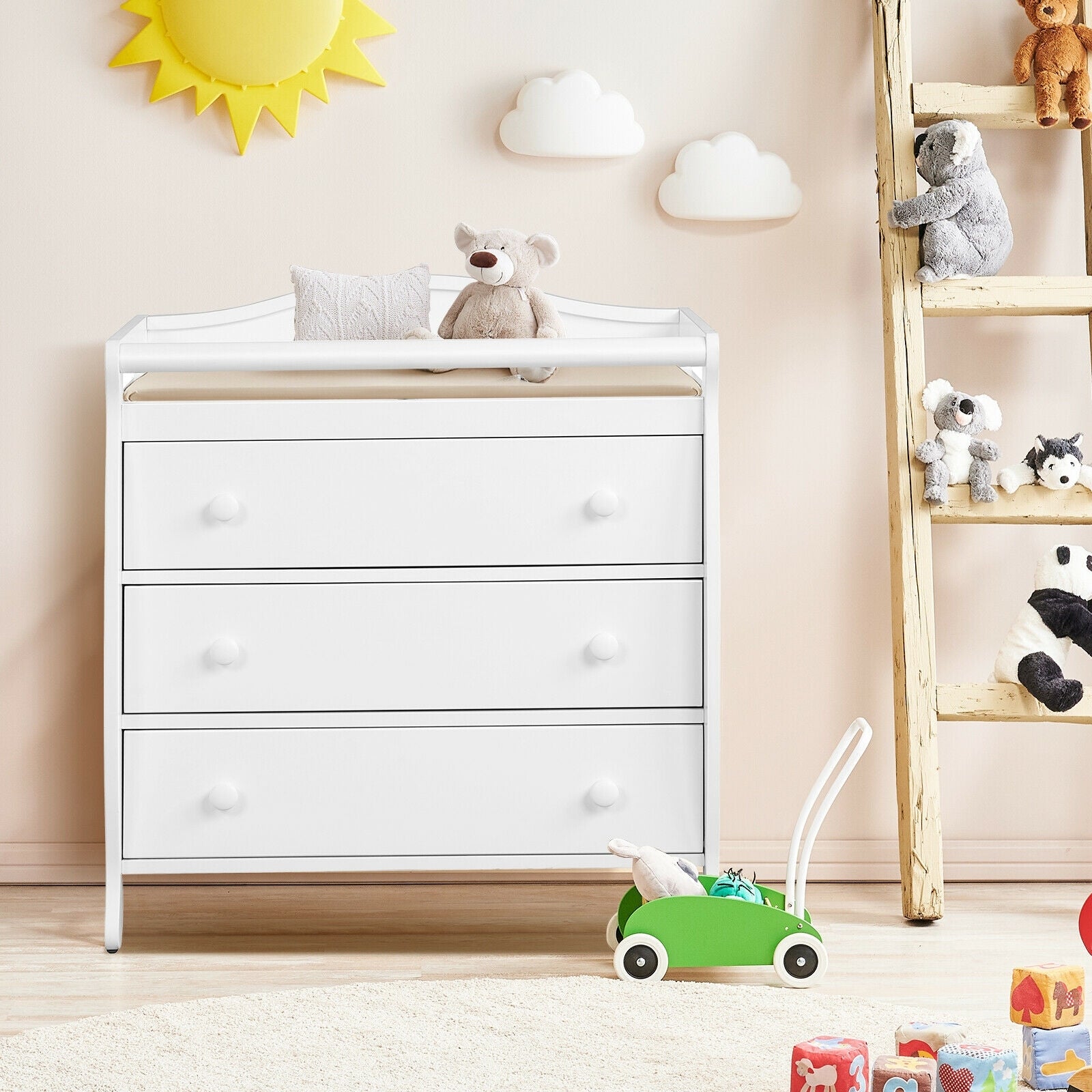 Baby Changing Table Infant Diaper with 3 Drawers and Safety Belt, White Changing Tables at Gallery Canada