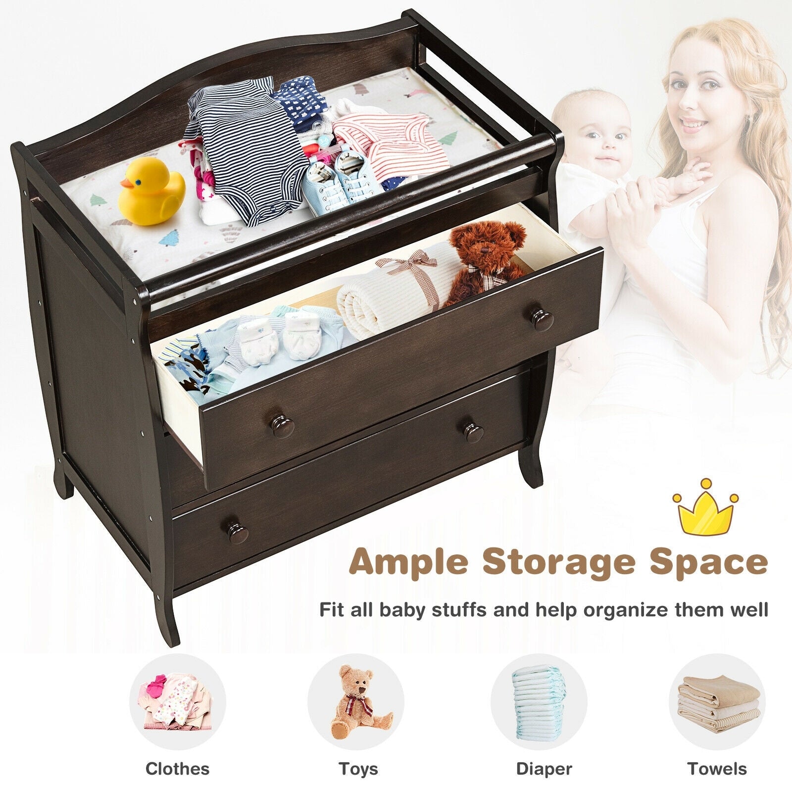 Baby Changing Table Infant Diaper with 3 Drawers and Safety Belt, Brown Changing Tables at Gallery Canada