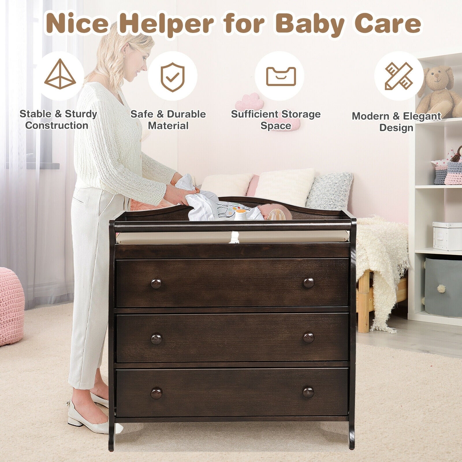 Baby Changing Table Infant Diaper with 3 Drawers and Safety Belt, Brown Changing Tables at Gallery Canada