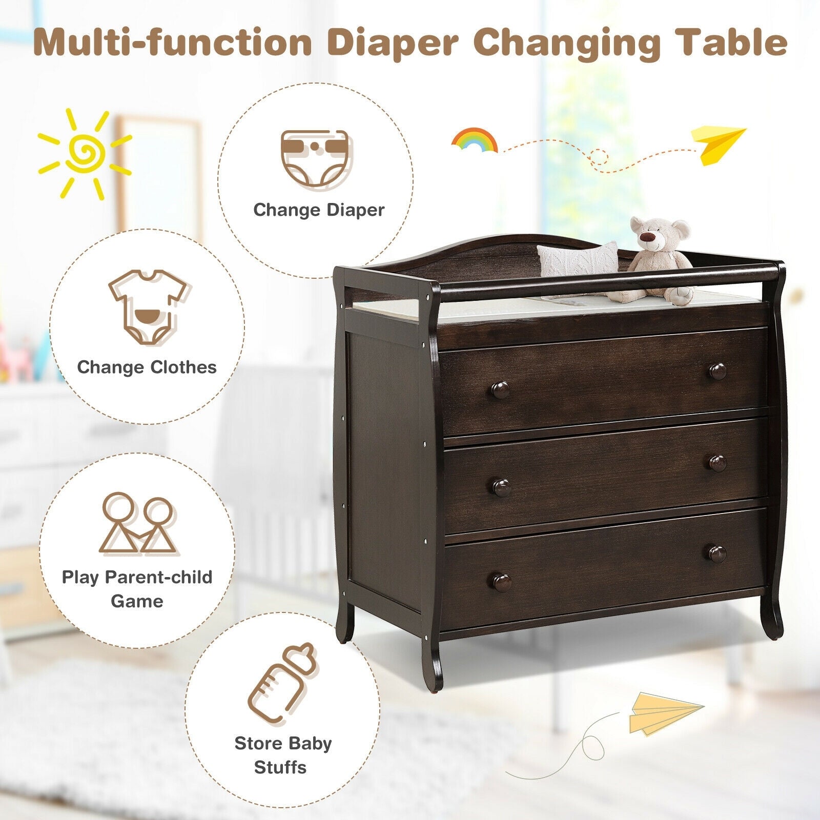 Baby Changing Table Infant Diaper with 3 Drawers and Safety Belt, Brown Changing Tables at Gallery Canada