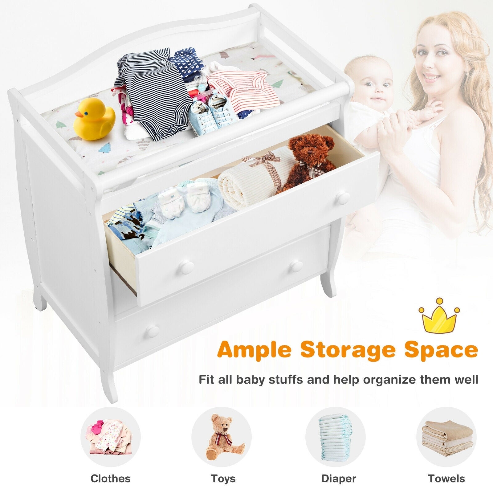 Baby Changing Table Infant Diaper with 3 Drawers and Safety Belt, White Changing Tables at Gallery Canada