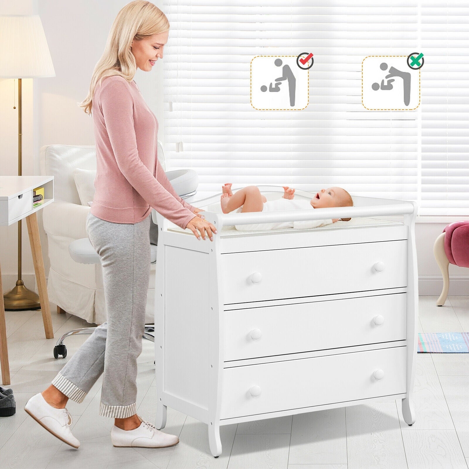Baby Changing Table Infant Diaper with 3 Drawers and Safety Belt, White Changing Tables at Gallery Canada