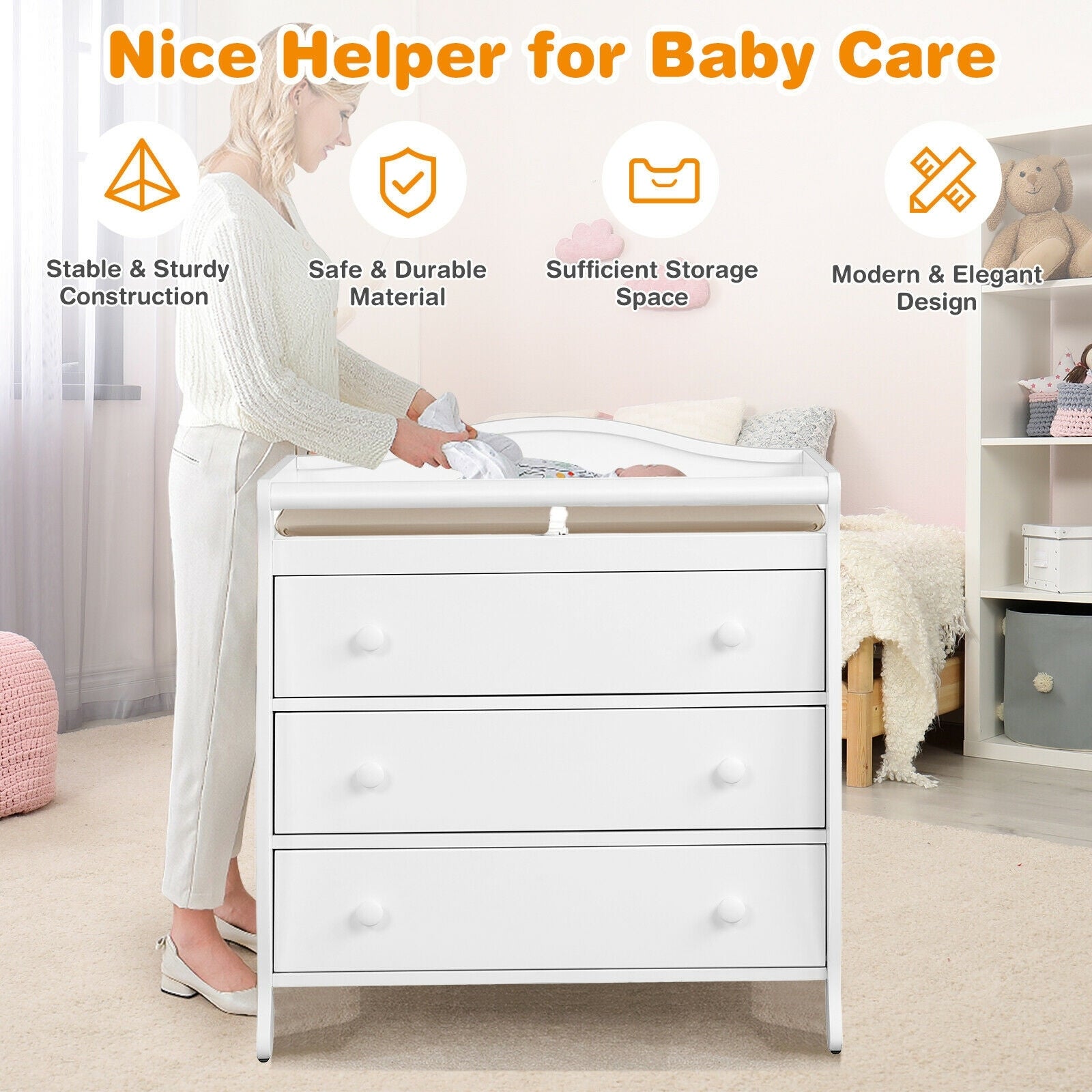 Baby Changing Table Infant Diaper with 3 Drawers and Safety Belt, White Changing Tables at Gallery Canada