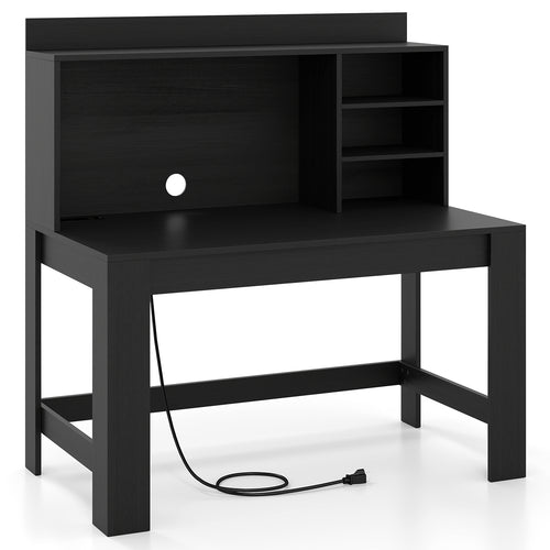 Modern Computer Desk with Hutch and Storage Shelves, Black