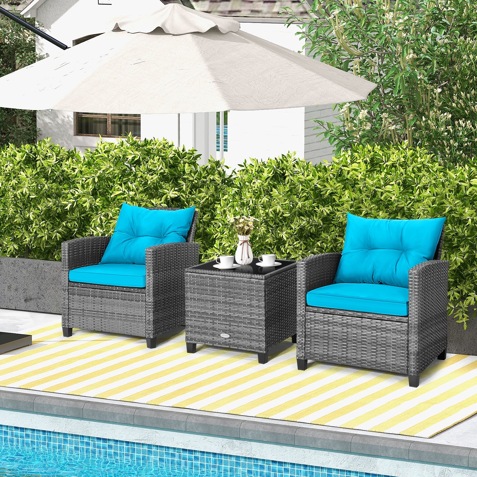 3 Pieces Outdoor Wicker Conversation Set with Tempered Glass Tabletop, Turquoise Patio Conversation Sets at Gallery Canada