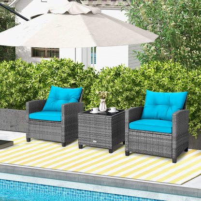3 Pieces Outdoor Wicker Conversation Set with Tempered Glass Tabletop, Turquoise Patio Conversation Sets at Gallery Canada