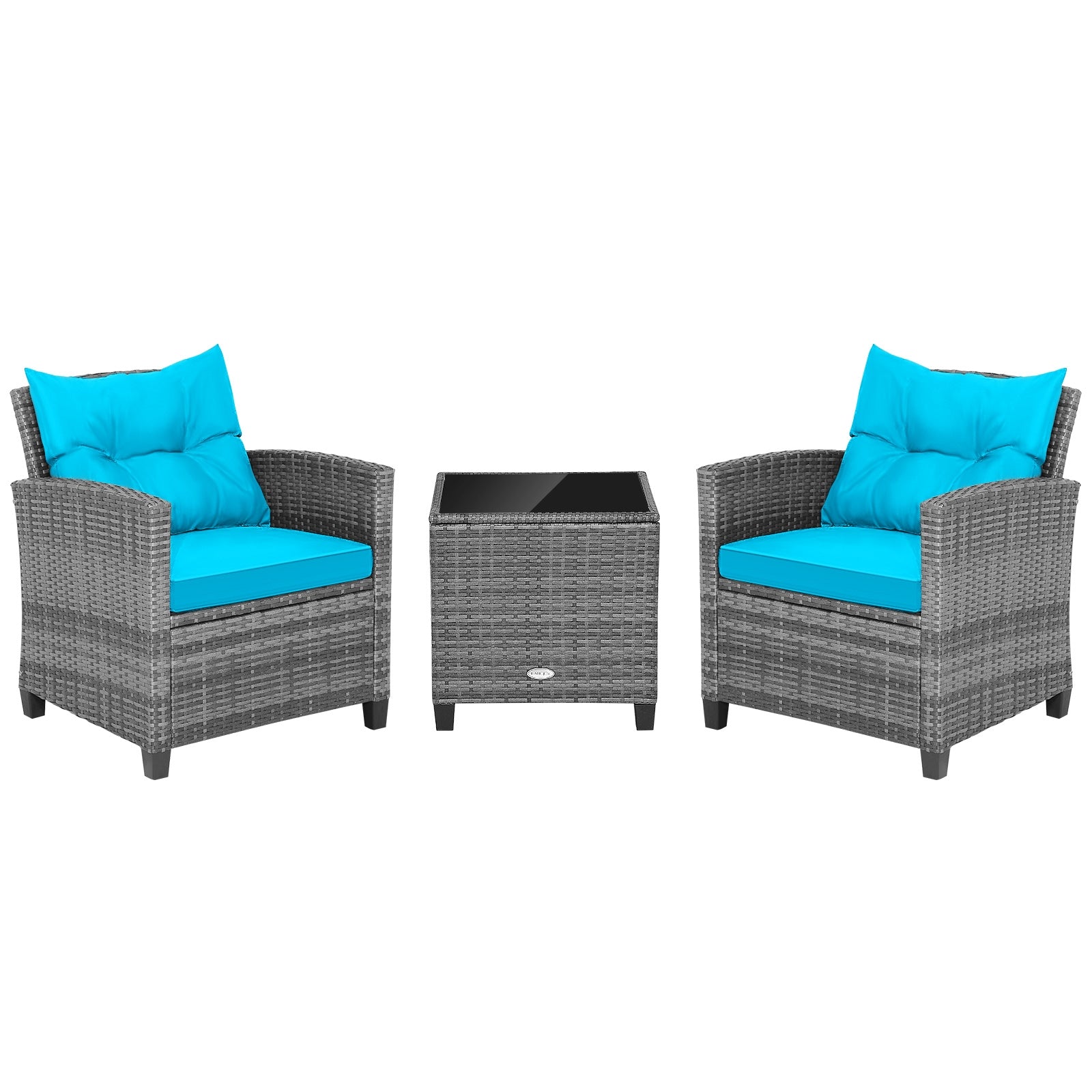 3 Pieces Outdoor Wicker Conversation Set with Tempered Glass Tabletop, Turquoise Patio Conversation Sets Turquoise at Gallery Canada
