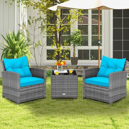 3 Pieces Outdoor Wicker Conversation Set with Tempered Glass Tabletop, Turquoise Patio Conversation Sets at Gallery Canada