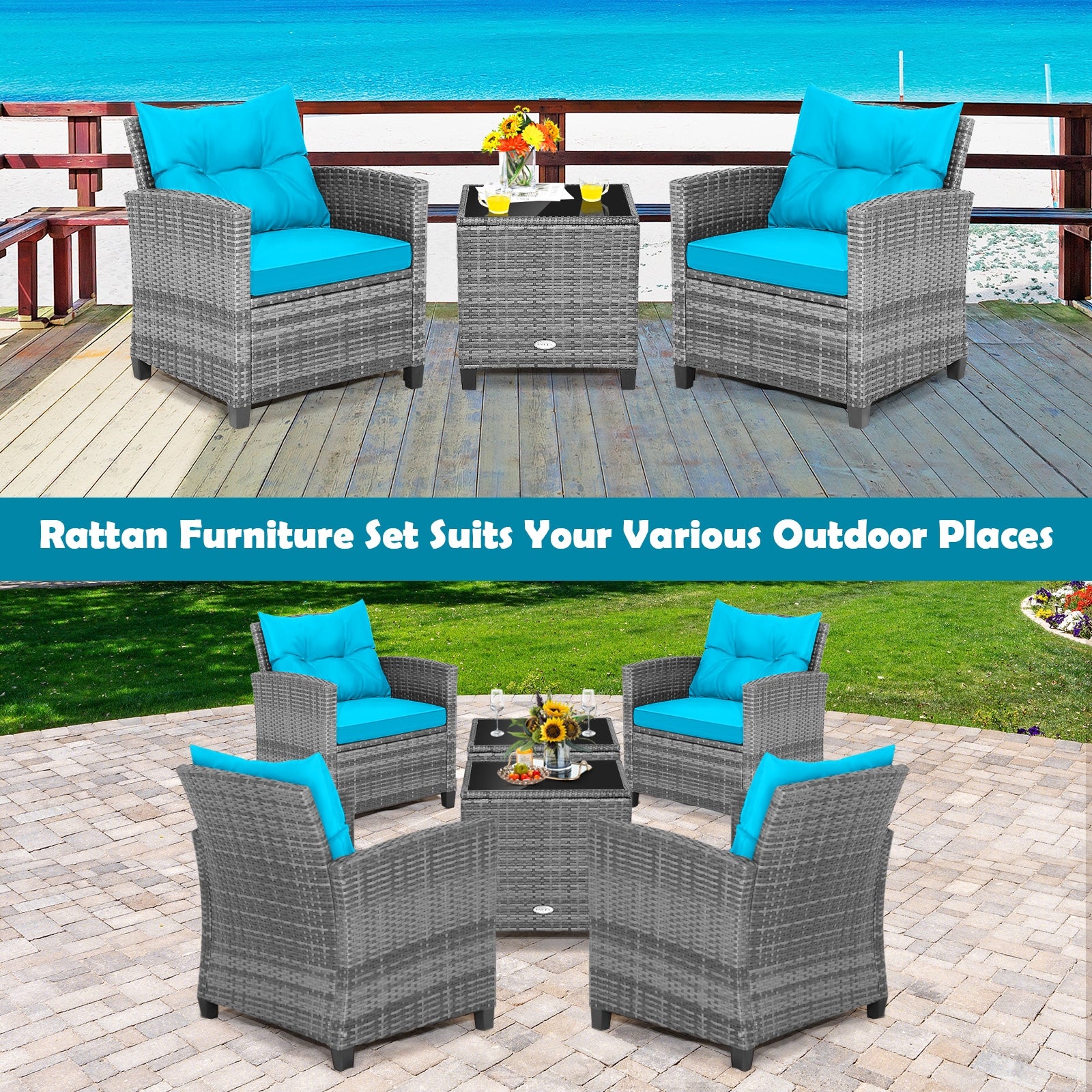 3 Pieces Outdoor Wicker Conversation Set with Tempered Glass Tabletop, Turquoise Patio Conversation Sets at Gallery Canada