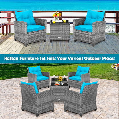 3 Pieces Outdoor Wicker Conversation Set with Tempered Glass Tabletop, Turquoise Patio Conversation Sets at Gallery Canada
