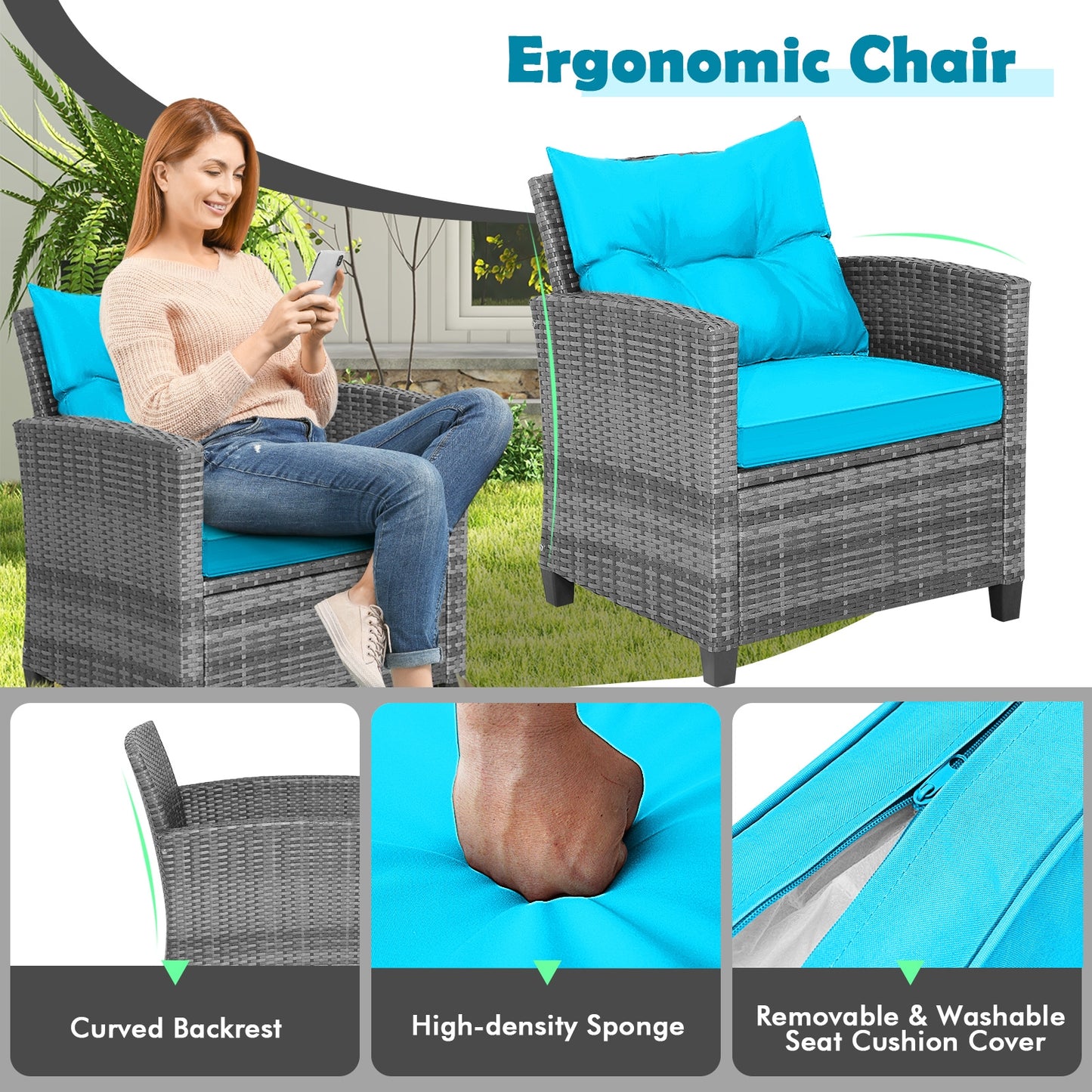 3 Pieces Outdoor Wicker Conversation Set with Tempered Glass Tabletop, Turquoise Patio Conversation Sets at Gallery Canada