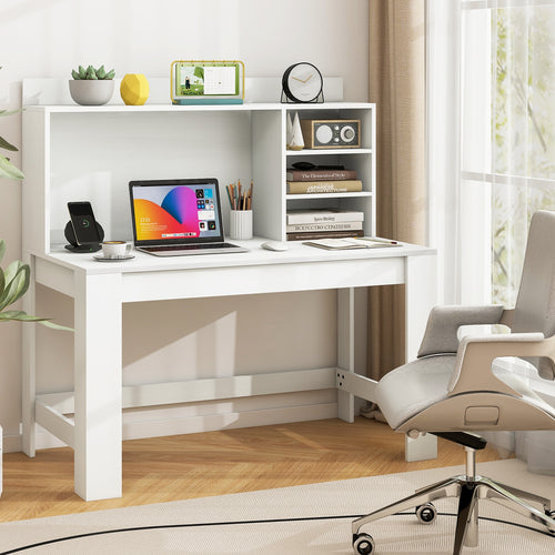 Modern Computer Desk With Hutch, Storage Shelves, White