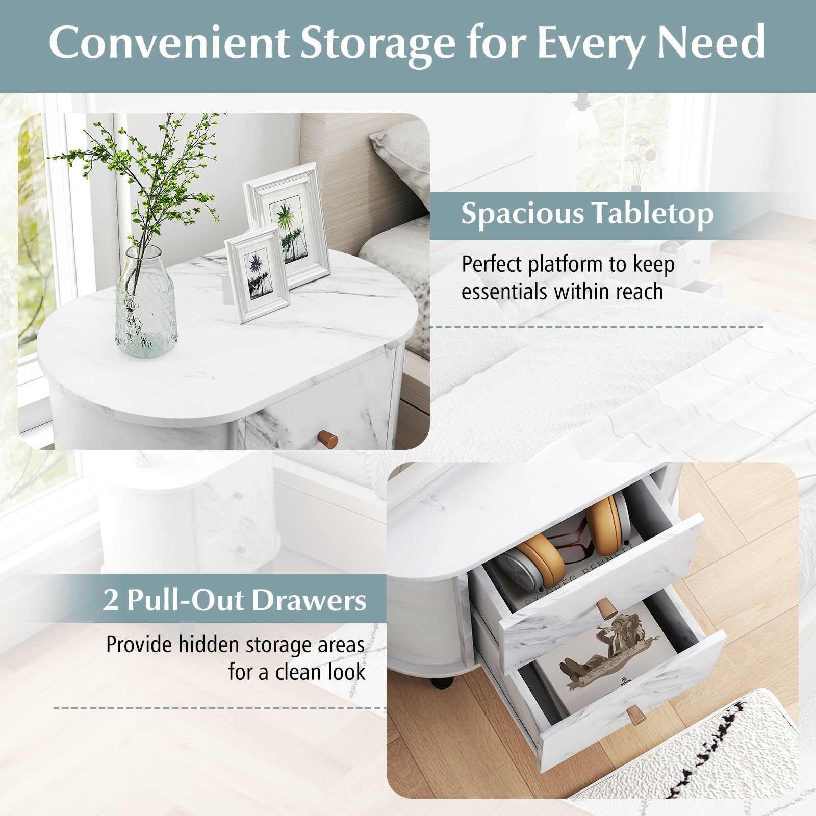 2-Drawer Nightstand Modern Faux Marble Bedside Table with Storage, White Nightstands at Gallery Canada