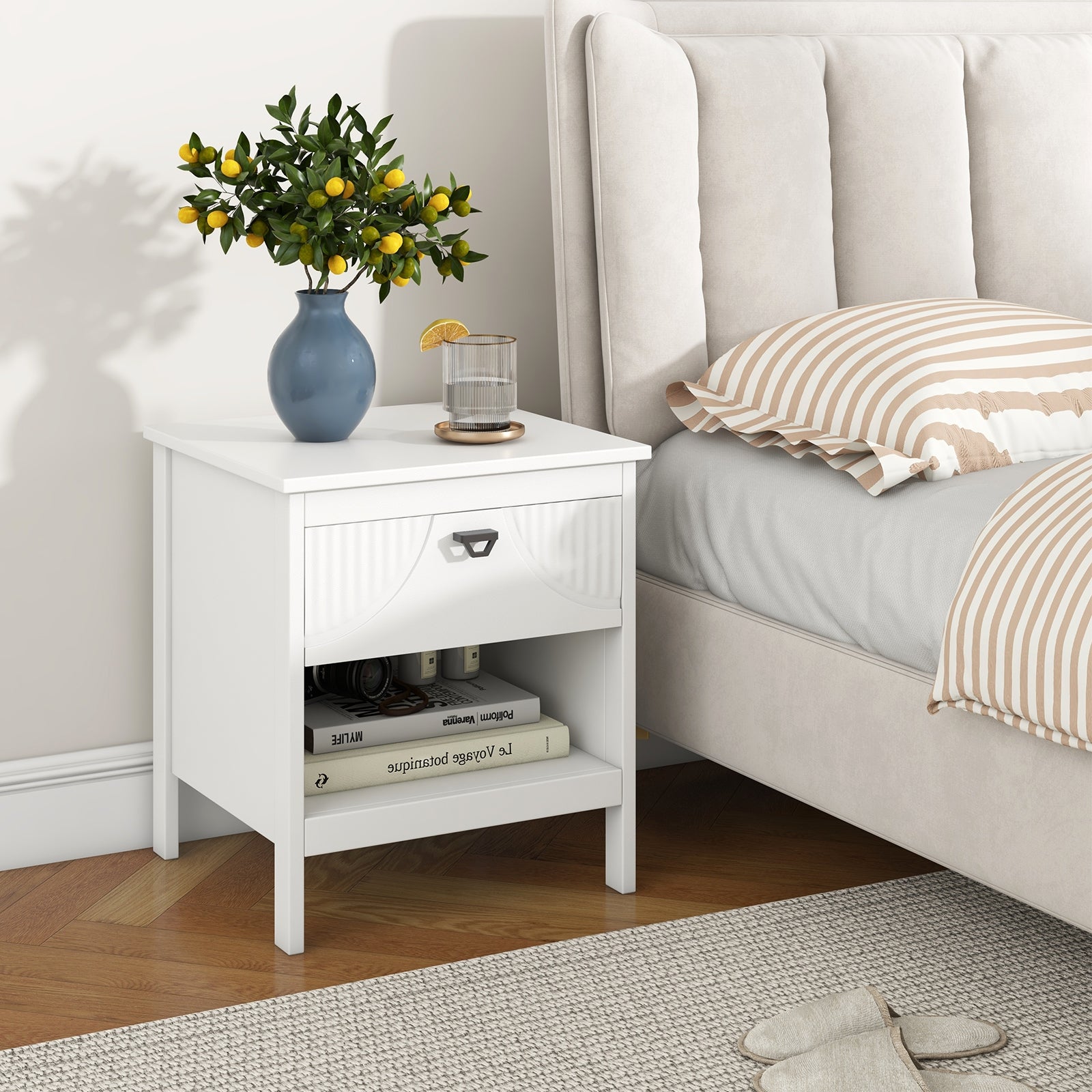 2-tier Wood Nightstand with Drawer and Open Storage Shelf for Bedroom, White Nightstands at Gallery Canada