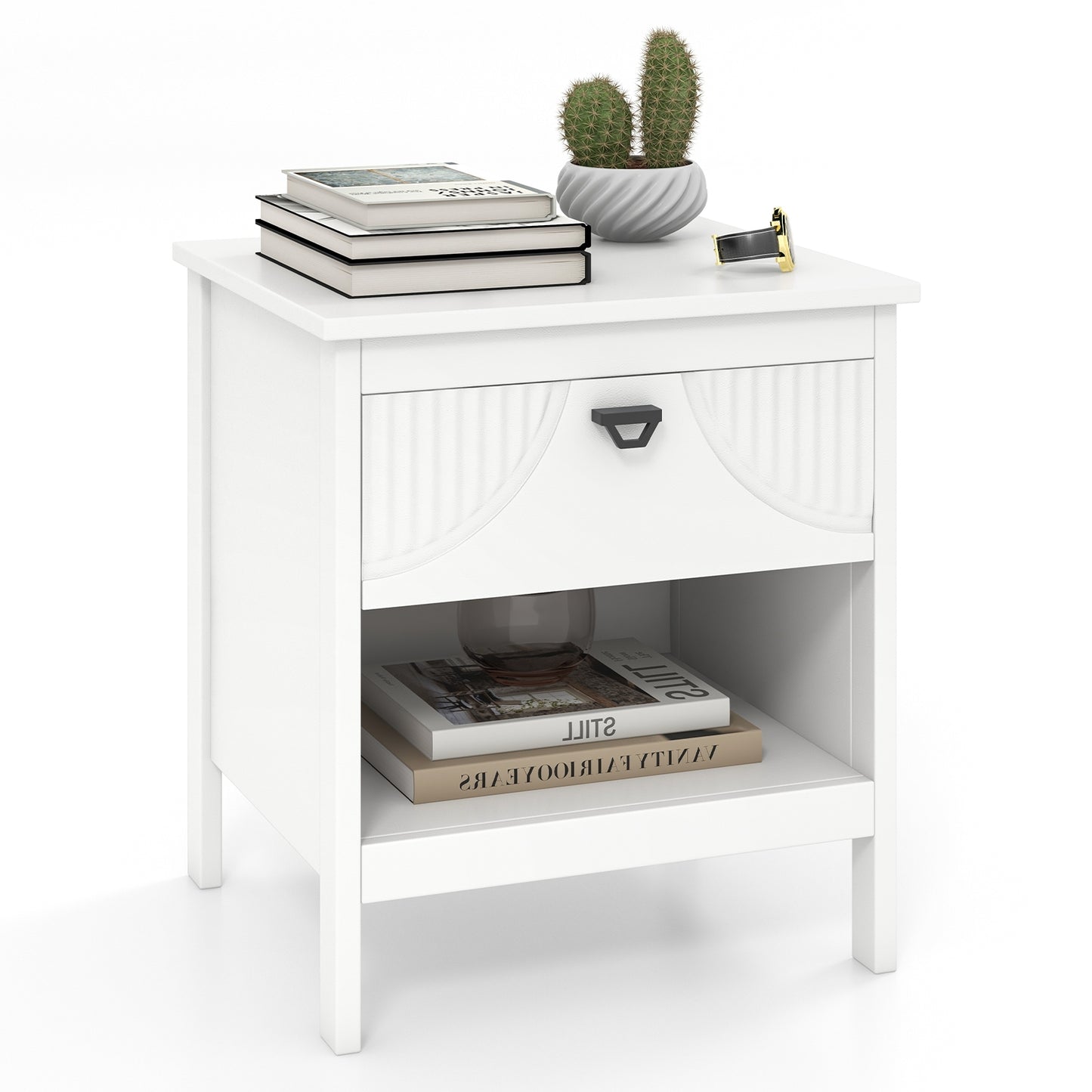 2-tier Wood Nightstand with Drawer and Open Storage Shelf for Bedroom, White Nightstands at Gallery Canada