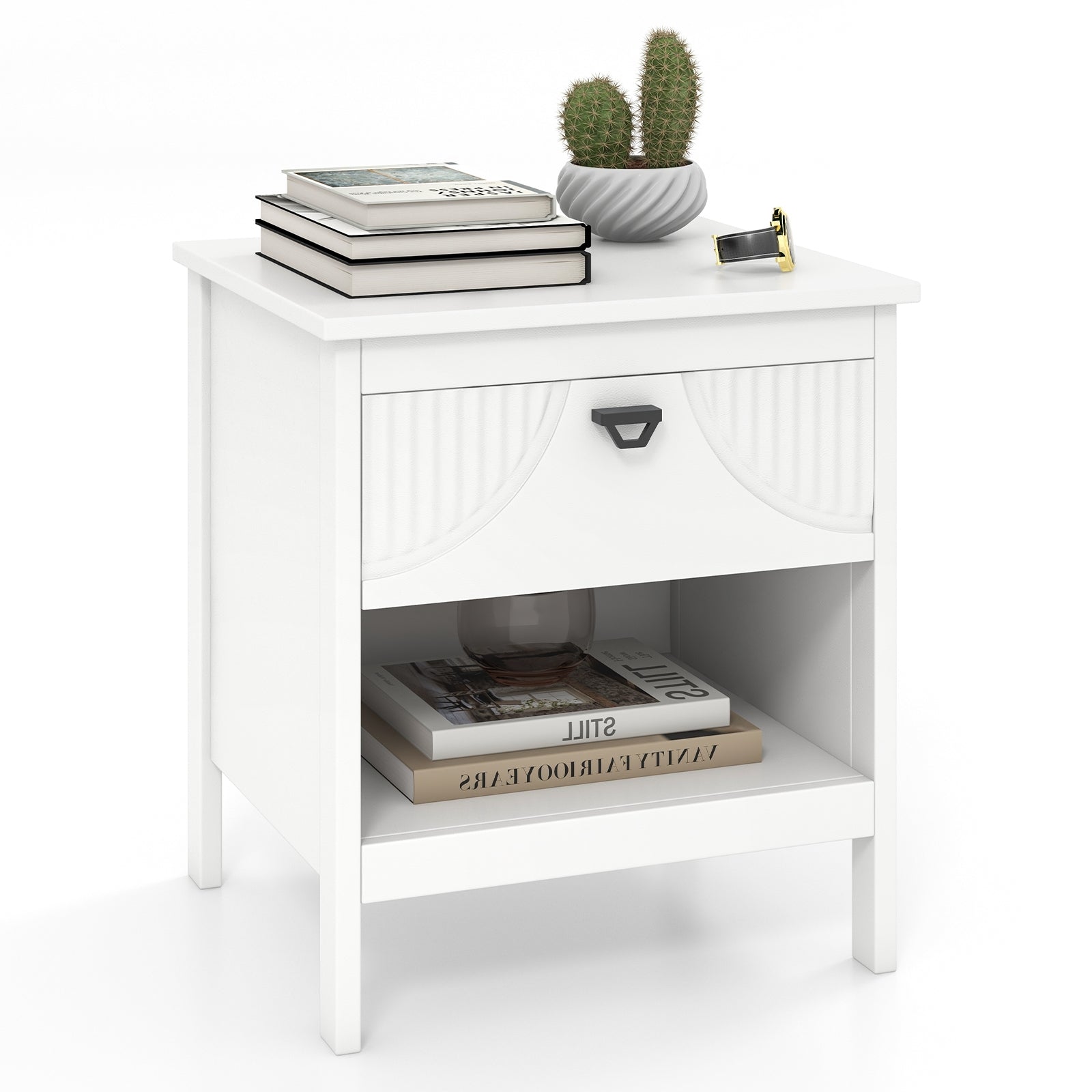 2-tier Wood Nightstand with Drawer and Open Storage Shelf for Bedroom, White Nightstands at Gallery Canada