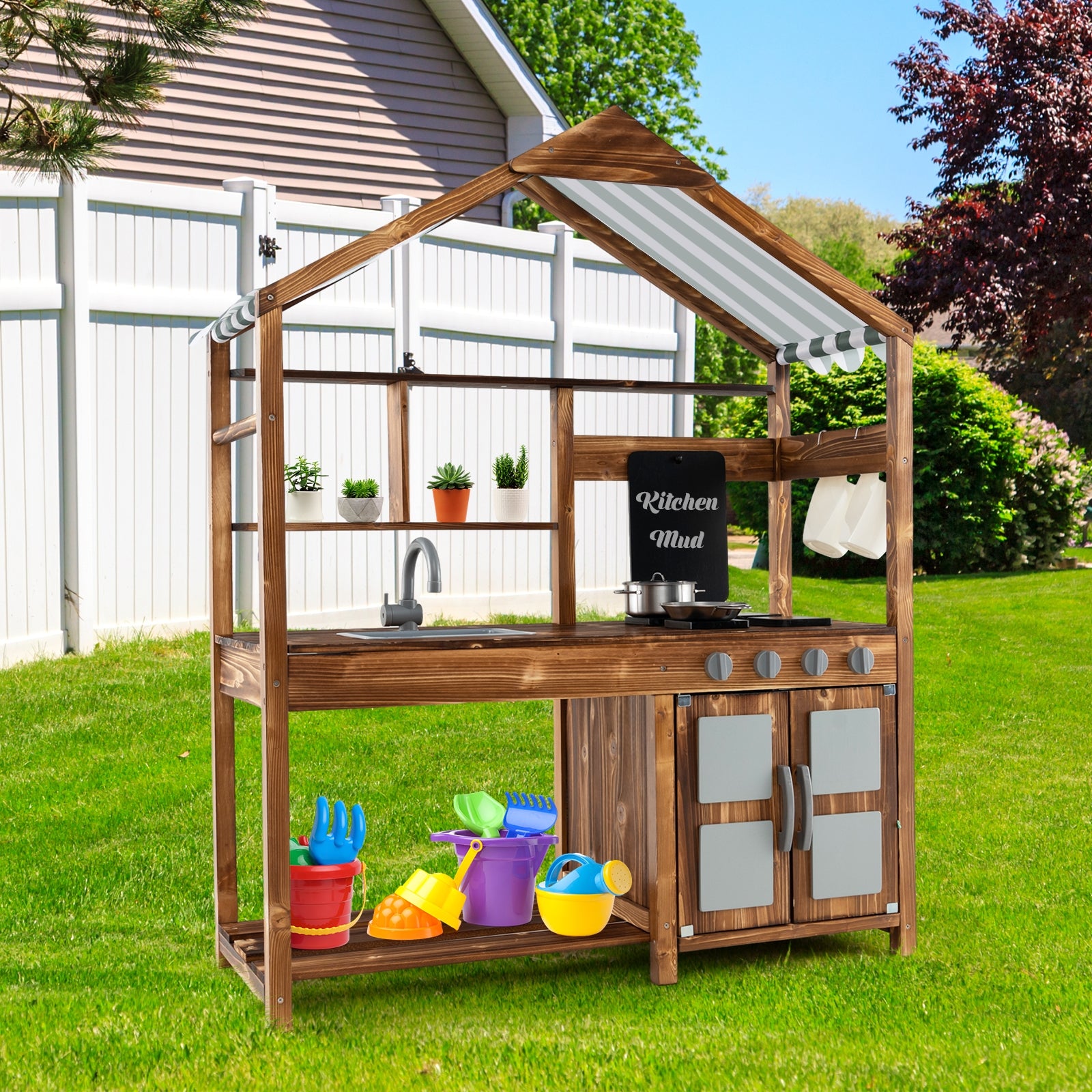 Kid's Mud Kitchen Outdoor Solid Wood Mud Kitchen with Canopy, Natural Play Kitchen Sets at Gallery Canada