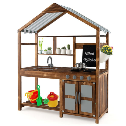 Kid's Mud Kitchen Outdoor Solid Wood Mud Kitchen with Canopy, Natural Play Kitchen Sets at Gallery Canada