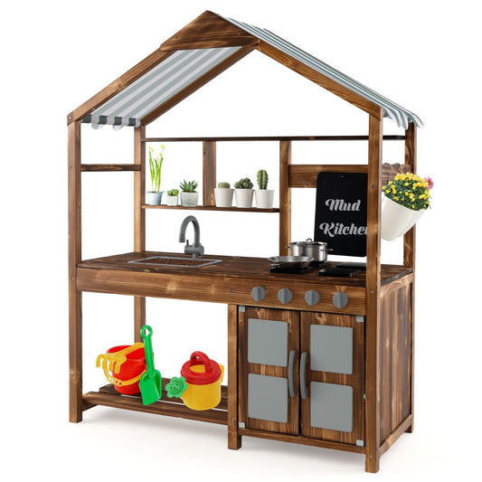 Kid's Mud Kitchen Outdoor Solid Wood Mud Kitchen with Canopy, Natural - Gallery Canada