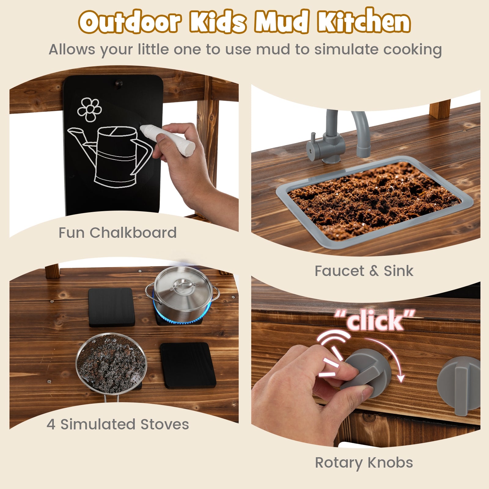 Kid's Mud Kitchen Outdoor Solid Wood Mud Kitchen with Canopy, Natural Play Kitchen Sets at Gallery Canada