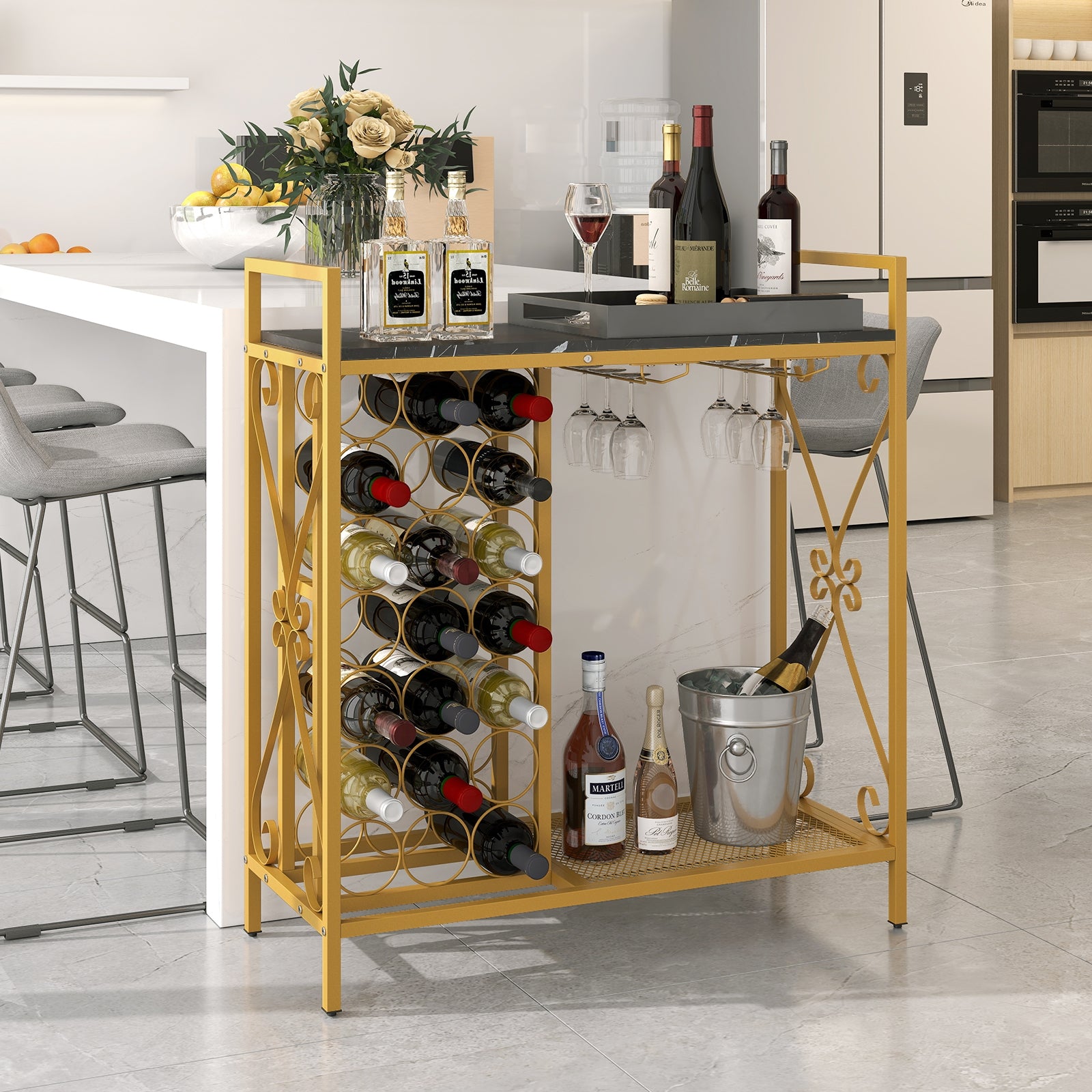 21 Bottle Wine Rack Freestanding Floor Wine Bottle Organizer with Glass Holder, Golden Wine Racks at Gallery Canada
