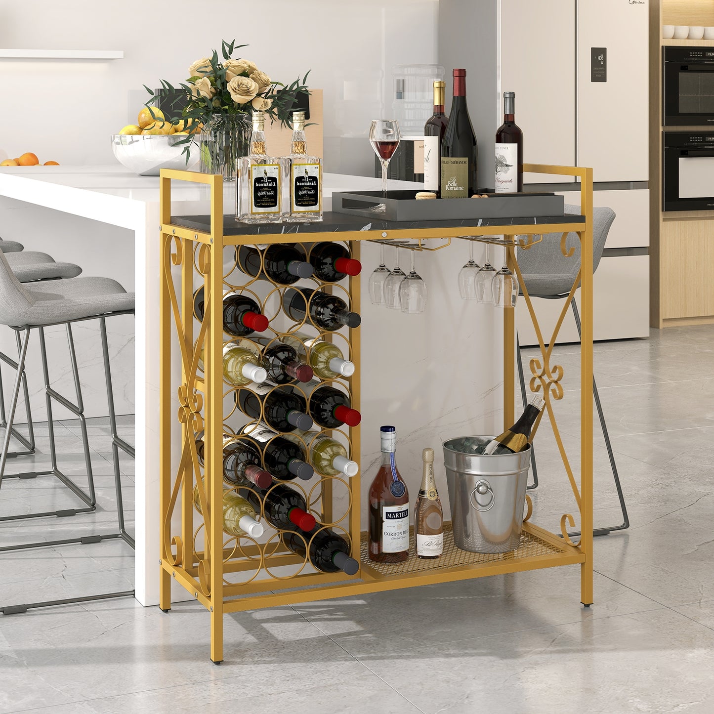 21 Bottle Wine Rack Freestanding Floor Wine Bottle Organizer with Glass Holder, Golden Wine Racks at Gallery Canada