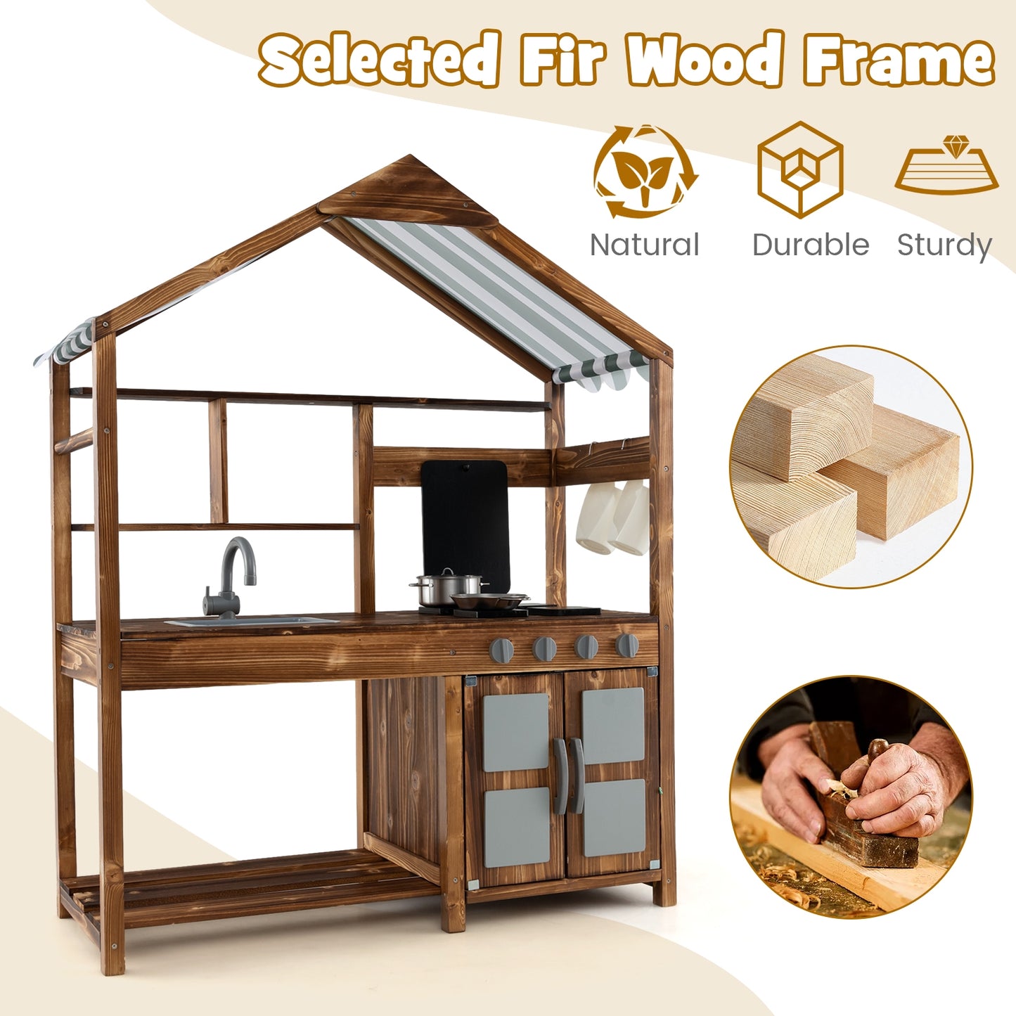 Kid's Mud Kitchen Outdoor Solid Wood Mud Kitchen with Canopy, Natural Play Kitchen Sets at Gallery Canada