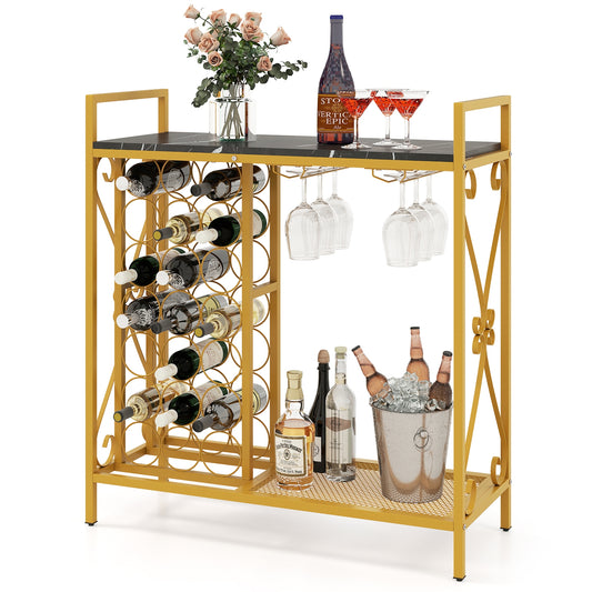 21 Bottle Wine Rack, Freestanding Floor Organizer With Glass Holder, Golden