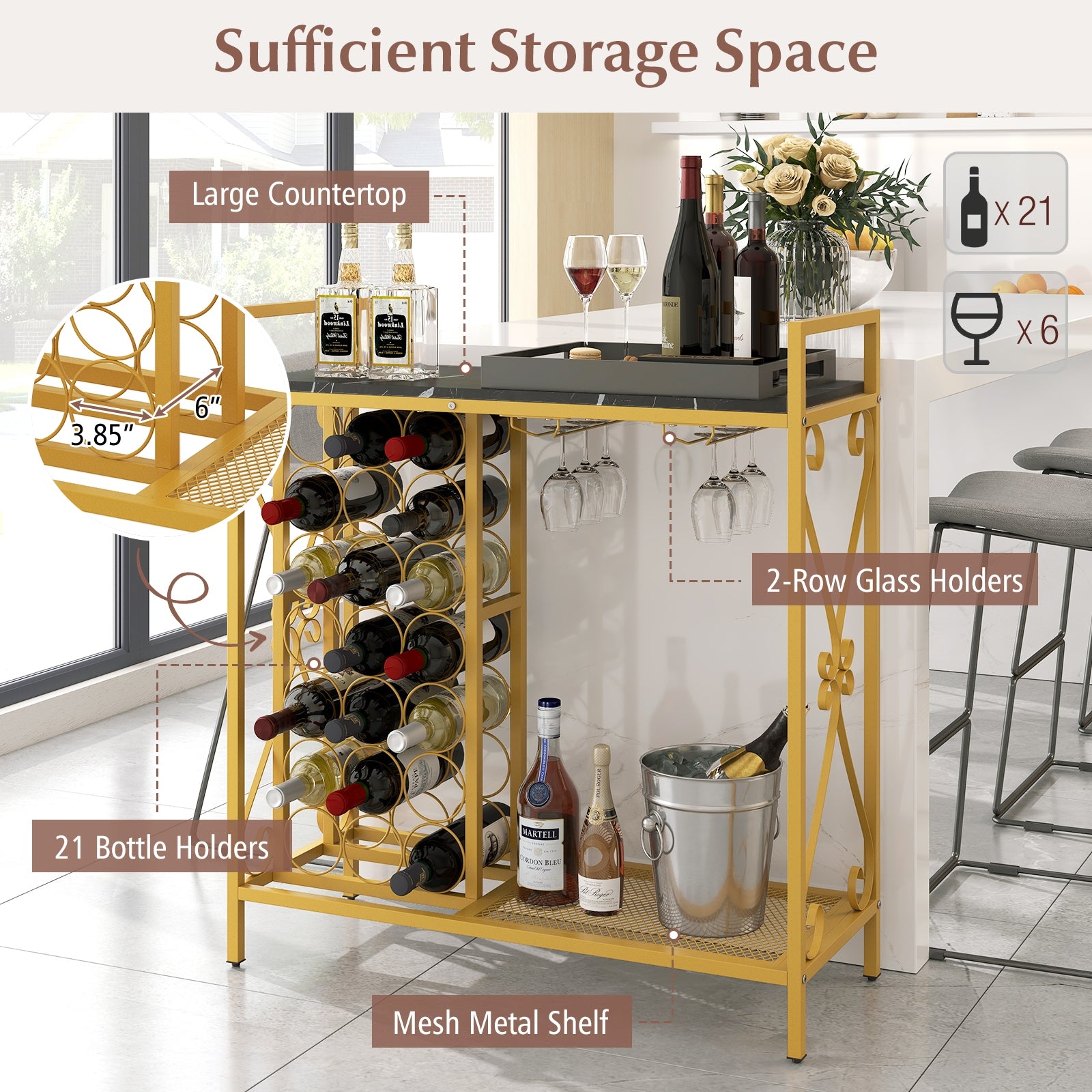 21 Bottle Wine Rack Freestanding Floor Wine Bottle Organizer with Glass Holder, Golden Wine Racks at Gallery Canada