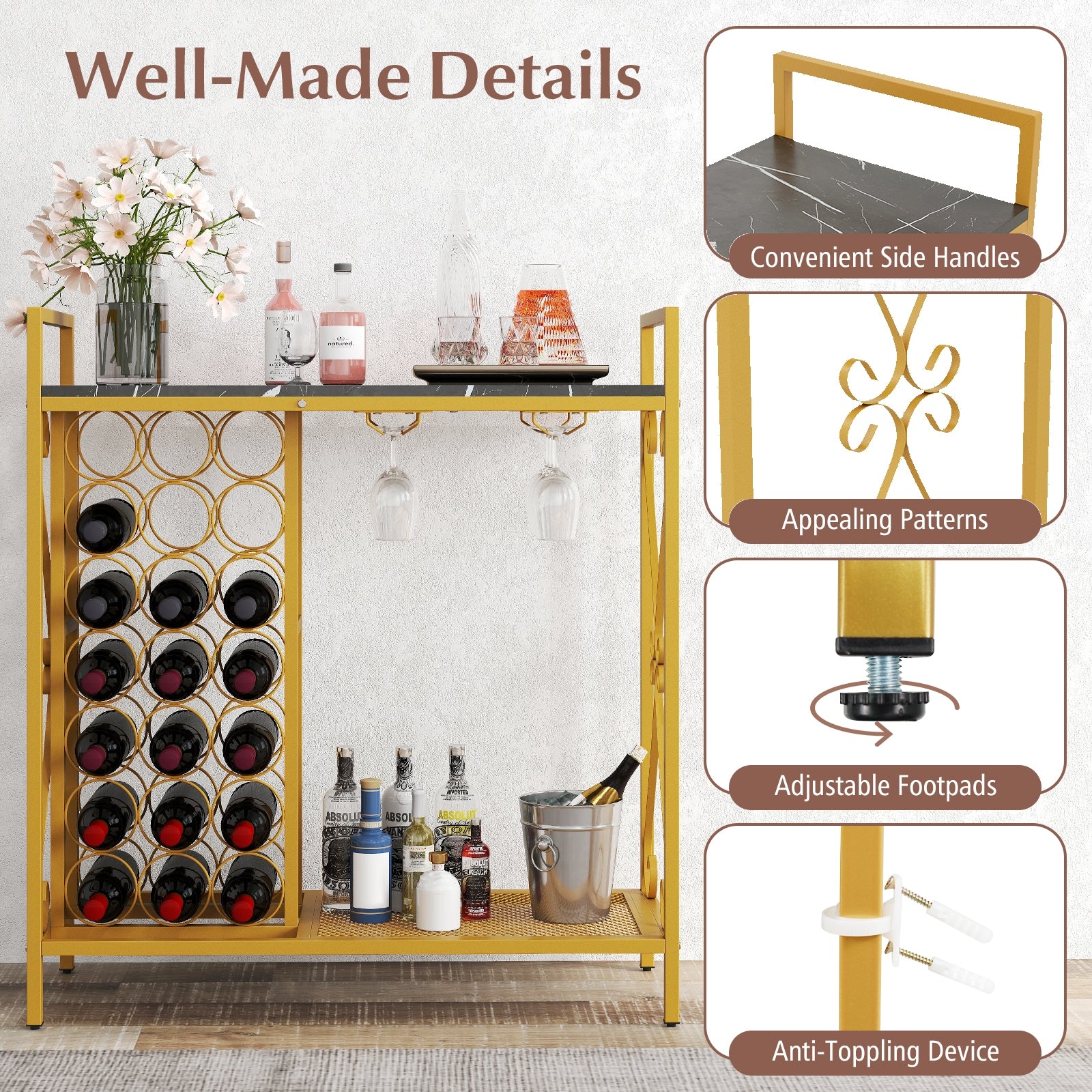 21 Bottle Wine Rack Freestanding Floor Wine Bottle Organizer with Glass Holder, Golden Wine Racks at Gallery Canada