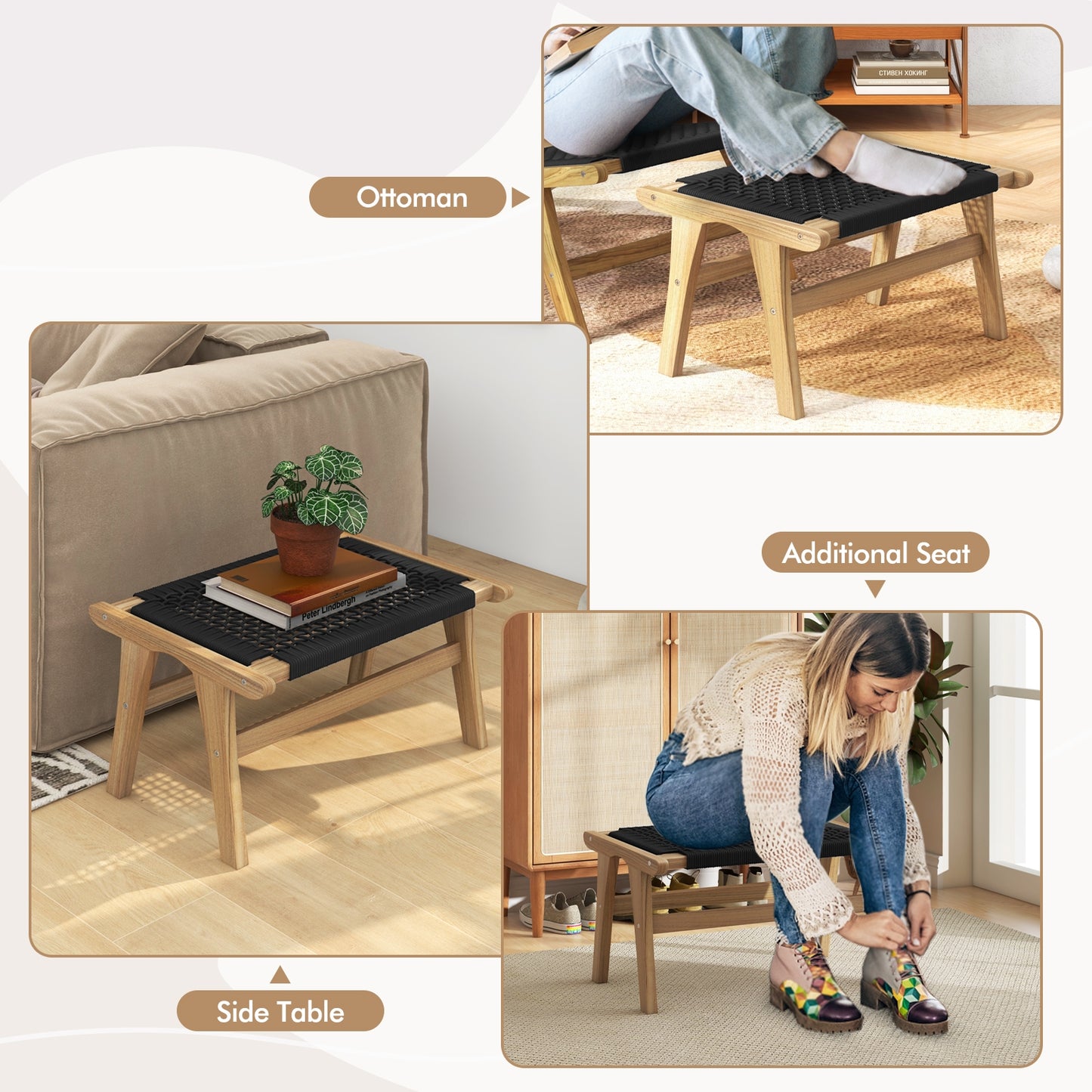 Indoor Outdoor Ottoman Footstool Teak Wooden Foot Rest with Handwoven Cordage, Natural & Black Ottomans at Gallery Canada