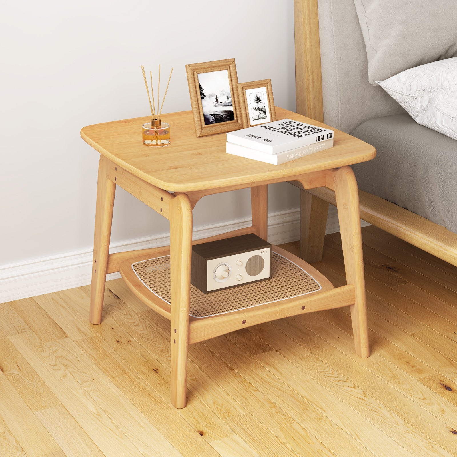 Boho Bamboo Sofa Side Table with Faux Rattan Storage Shelf, Natural End & Side Tables at Gallery Canada
