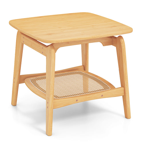 Boho Bamboo Sofa Side Table with Faux Rattan Storage Shelf, Natural