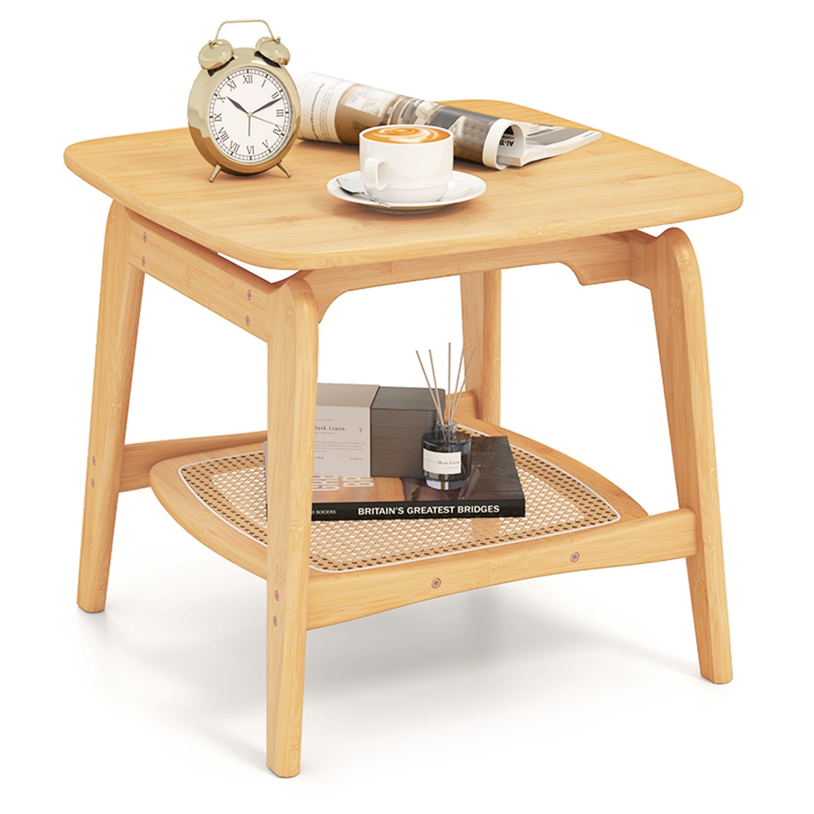 Boho Bamboo Sofa Side Table with Faux Rattan Storage Shelf, Natural End & Side Tables at Gallery Canada