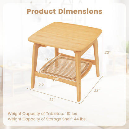 Boho Bamboo Sofa Side Table with Faux Rattan Storage Shelf, Natural End & Side Tables at Gallery Canada