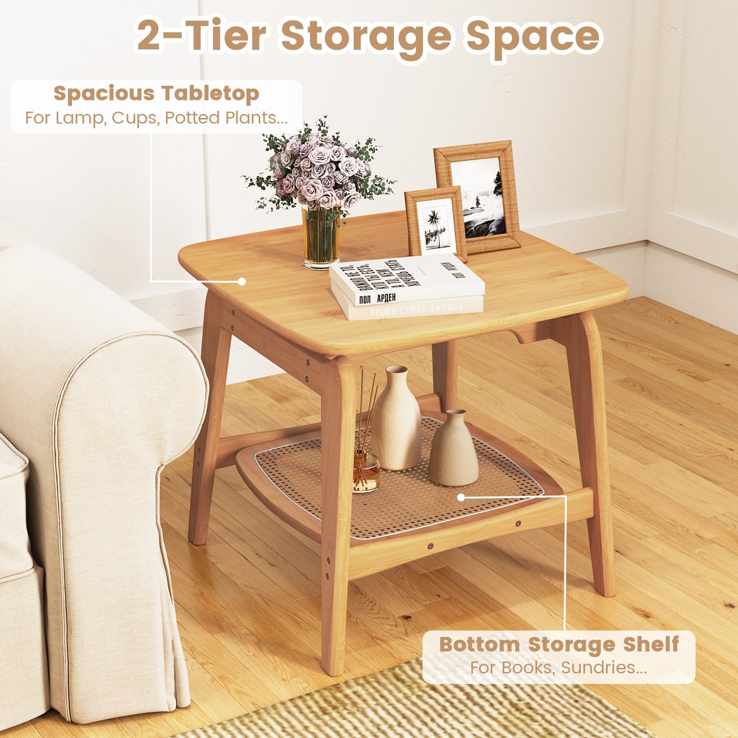 Boho Bamboo Sofa Side Table with Faux Rattan Storage Shelf, Natural End & Side Tables at Gallery Canada