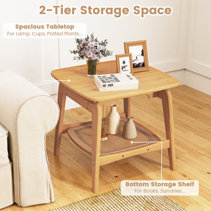 Boho Bamboo Sofa Side Table with Faux Rattan Storage Shelf, Natural End & Side Tables at Gallery Canada