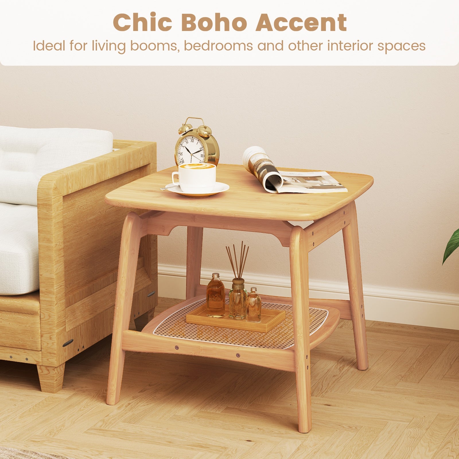Boho Bamboo Sofa Side Table with Faux Rattan Storage Shelf, Natural End & Side Tables at Gallery Canada