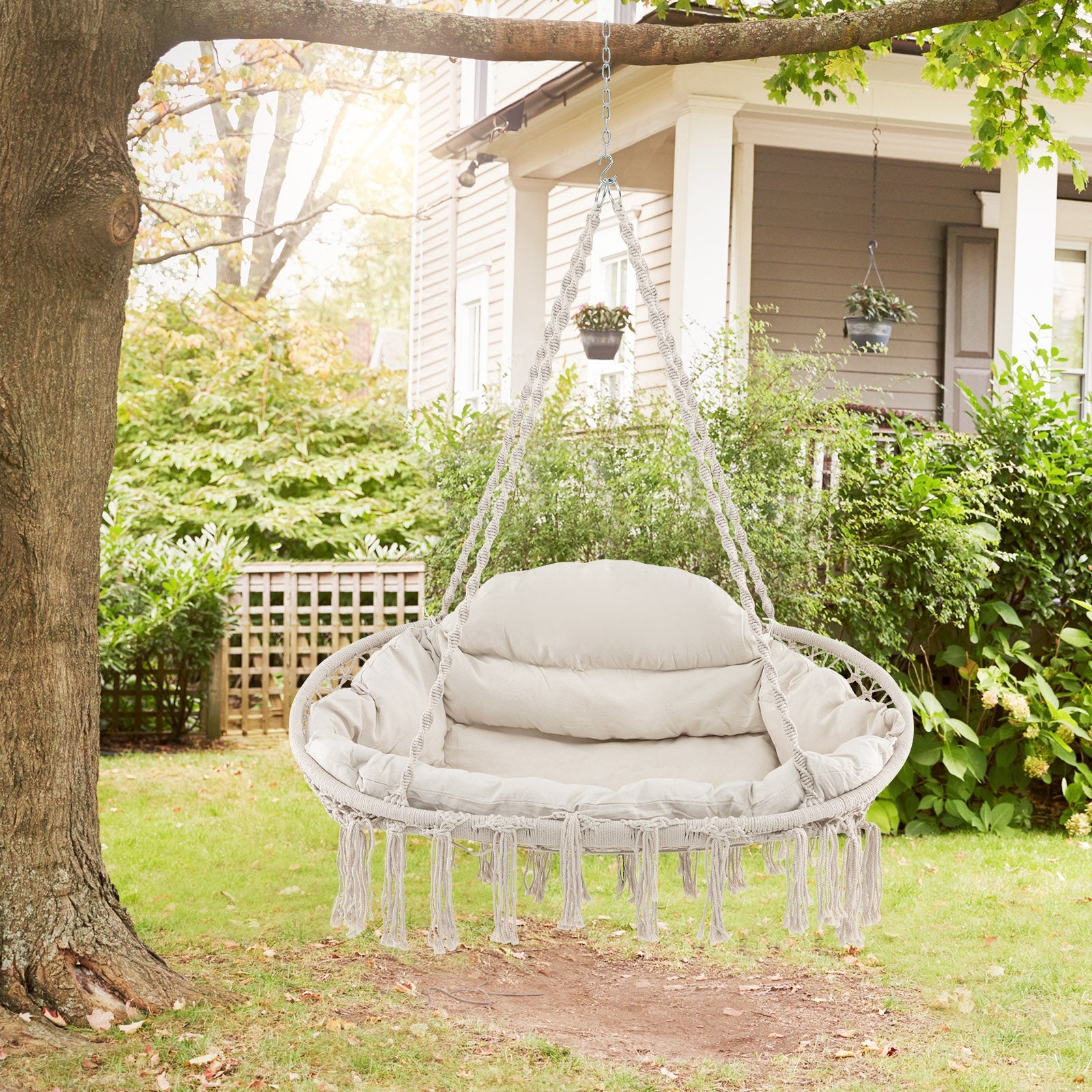 Hand-Woven Rope Hanging Chair with Thick Cushion and Folding Metal Frame, Beige Hammocks at Gallery Canada
