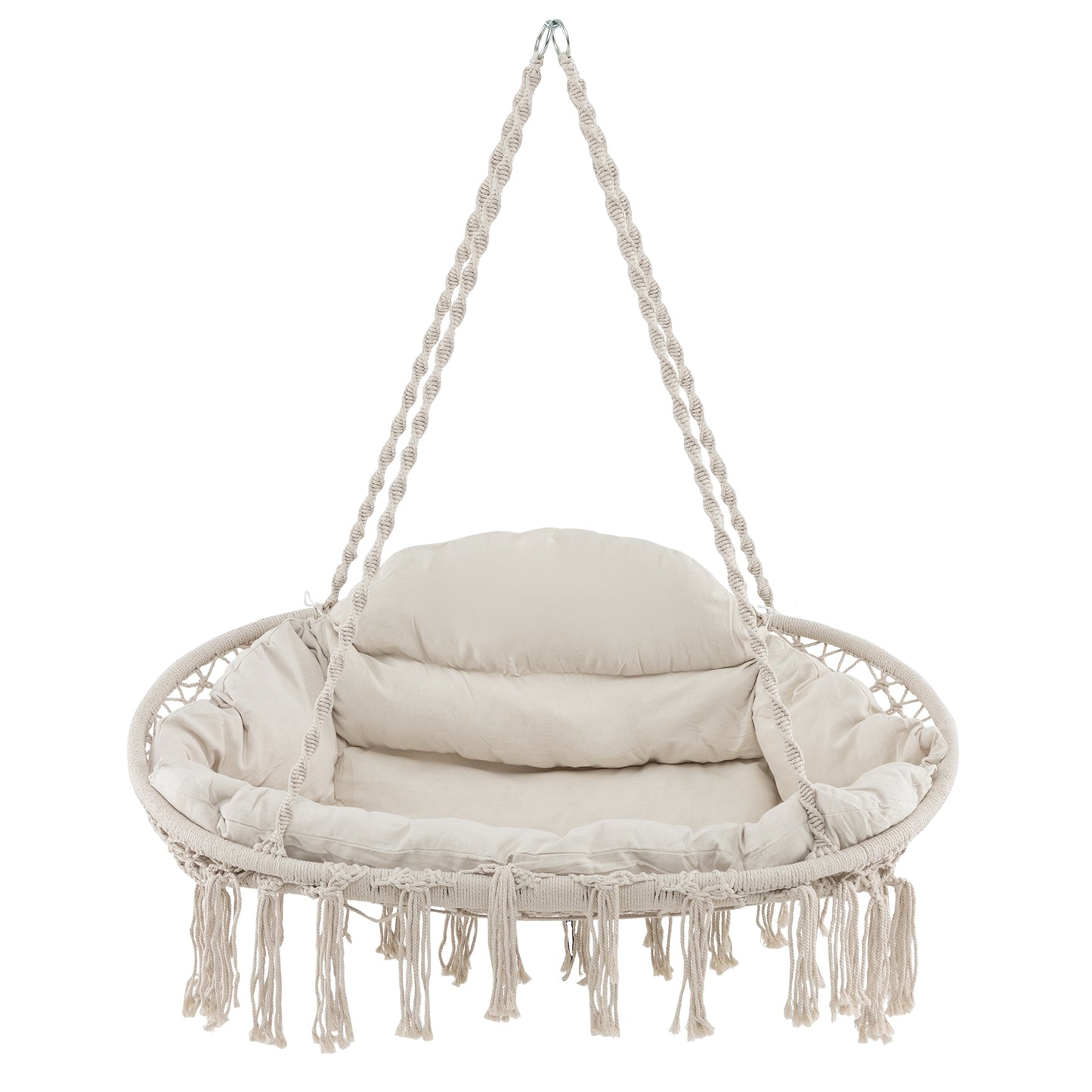 Hand-Woven Rope Hanging Chair with Thick Cushion and Folding Metal Frame, Beige Hammocks at Gallery Canada
