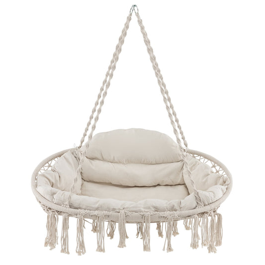 Hand-Woven Rope Hanging Chair, Thick Cushion, Folding Metal Frame, Beige Hammocks Beige at Gallery Canada
