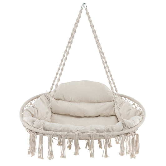 Hand-Woven Rope Hanging Chair, Thick Cushion, Folding Metal Frame, Beige