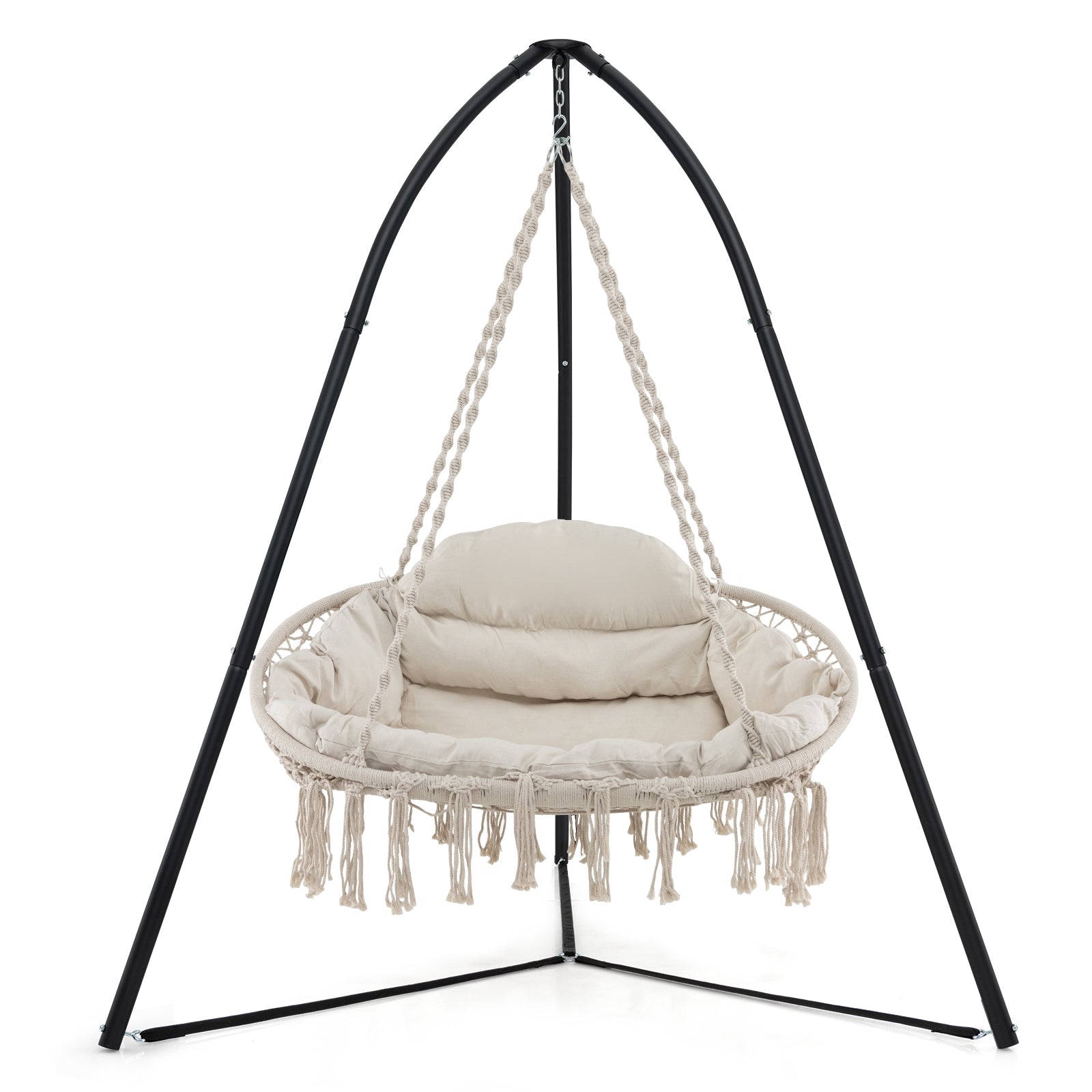 Hand-Woven Rope Hanging Chair with Thick Cushion and Folding Metal Frame, Beige Hammocks at Gallery Canada