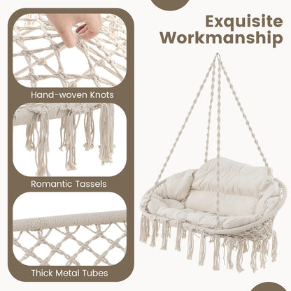 Hand-Woven Rope Hanging Chair with Thick Cushion and Folding Metal Frame, Beige Hammocks at Gallery Canada