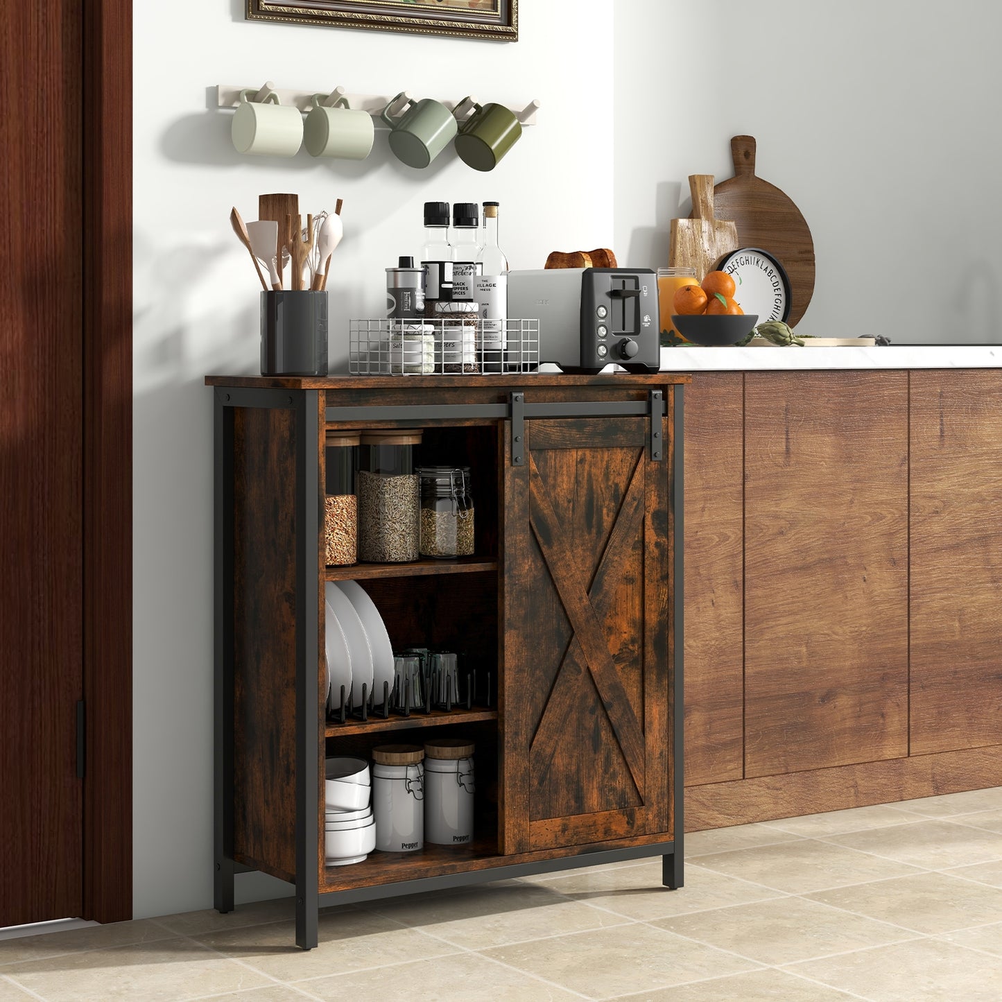 32 Inch Farmhouse Sideboard Buffet Cabinet with Sliding Barn Door and Adjustable Shelves, Rustic Brown Sideboards Cabinets & Buffets at Gallery Canada