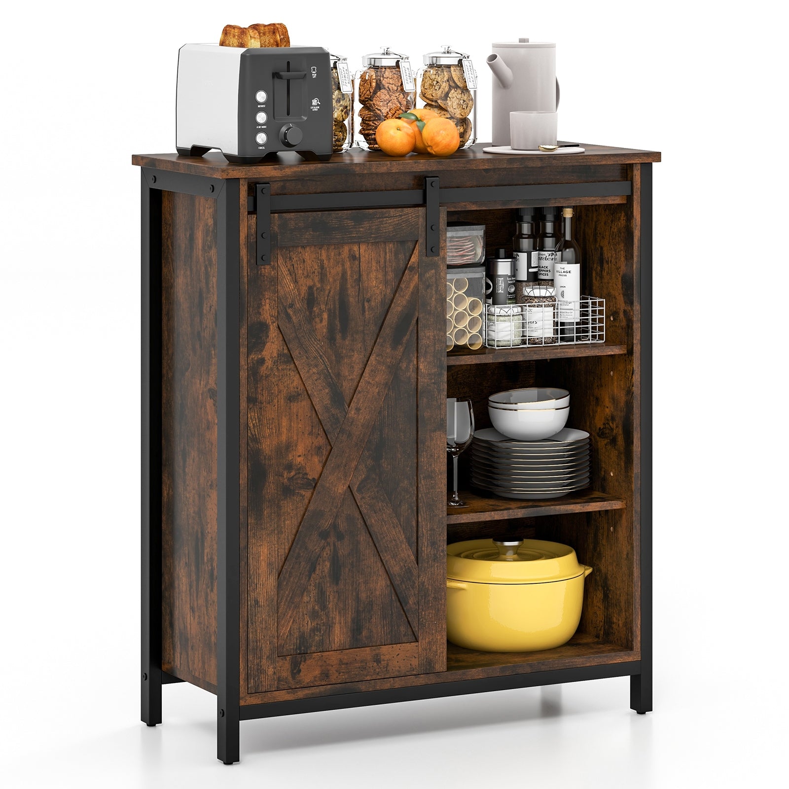 32 Inch Farmhouse Sideboard Buffet Cabinet with Sliding Barn Door and Adjustable Shelves, Rustic Brown Sideboards Cabinets & Buffets at Gallery Canada