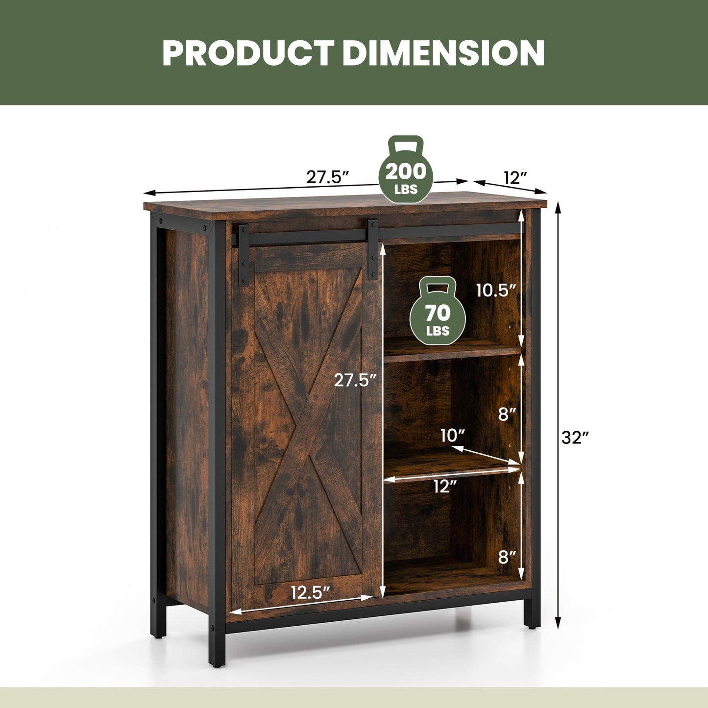 32 Inch Farmhouse Sideboard Buffet Cabinet with Sliding Barn Door and Adjustable Shelves, Rustic Brown Sideboards Cabinets & Buffets at Gallery Canada