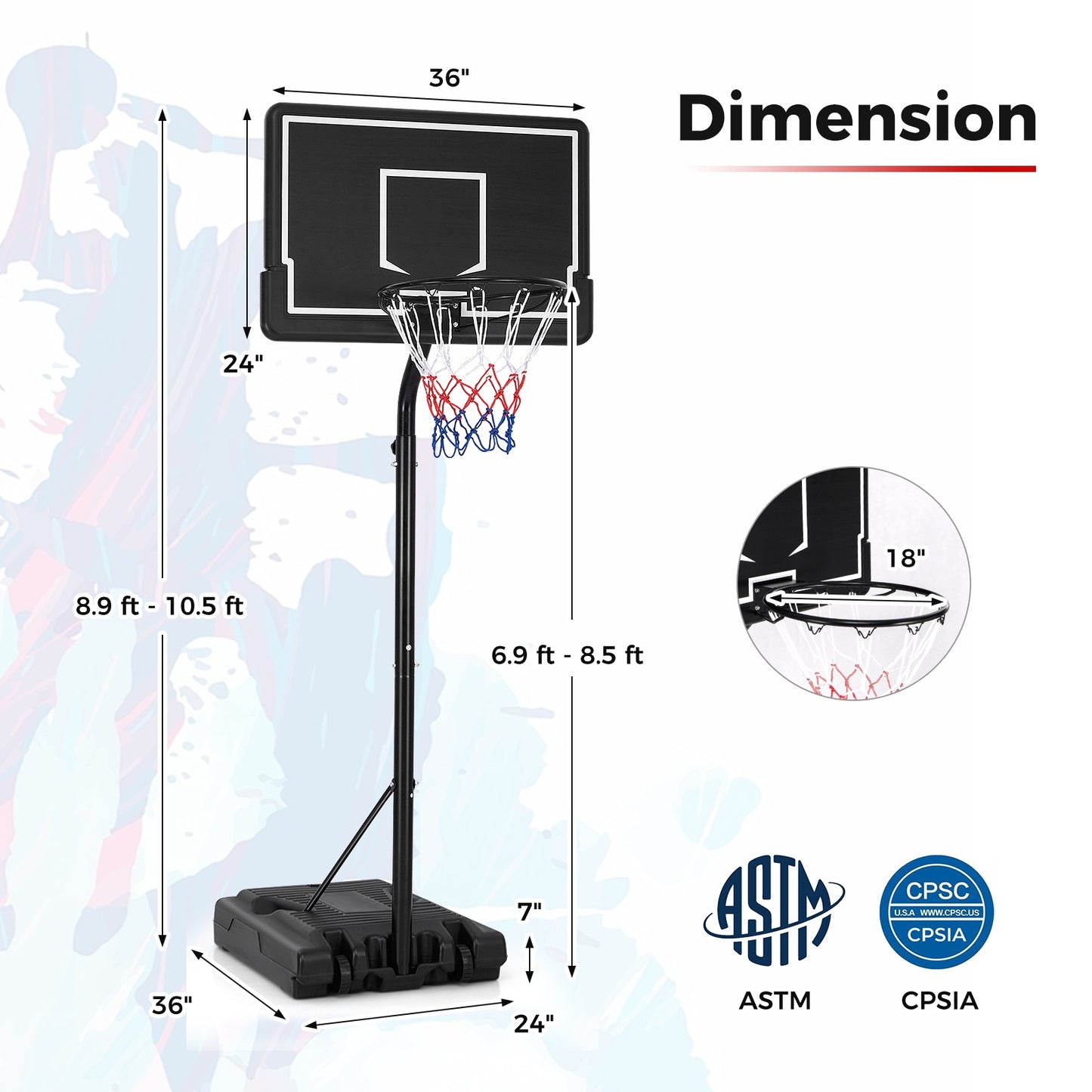 Portable Outdoor Basketball Hoop 6.9-8.5 FT Adjustable with Fillable Base Shatterproof PC Backboard, Black Sport Equipments at Gallery Canada