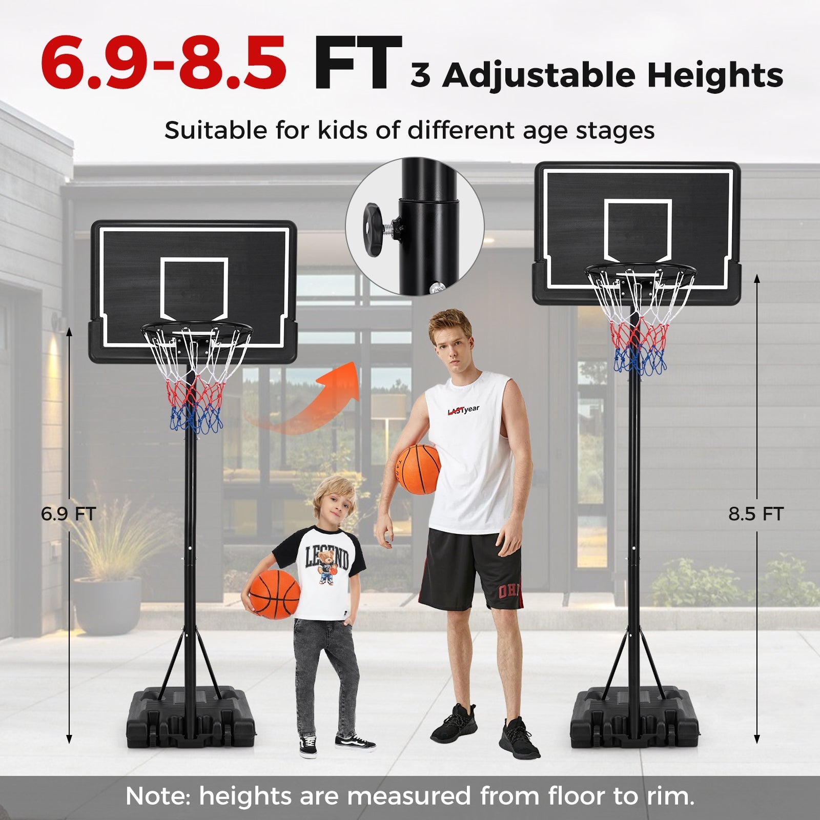 Portable Outdoor Basketball Hoop 6.9-8.5 FT Adjustable with Fillable Base Shatterproof PC Backboard, Black Sport Equipments at Gallery Canada